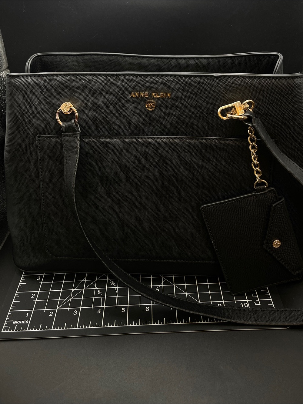 Anne Klein Sylvia Black Saffiano Tote Bag Gold Hardware w/ Removable Pouch